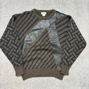 Feldini Vintage Mens Brown Leather Patch Geometric Knit Crewneck Sweater 1X